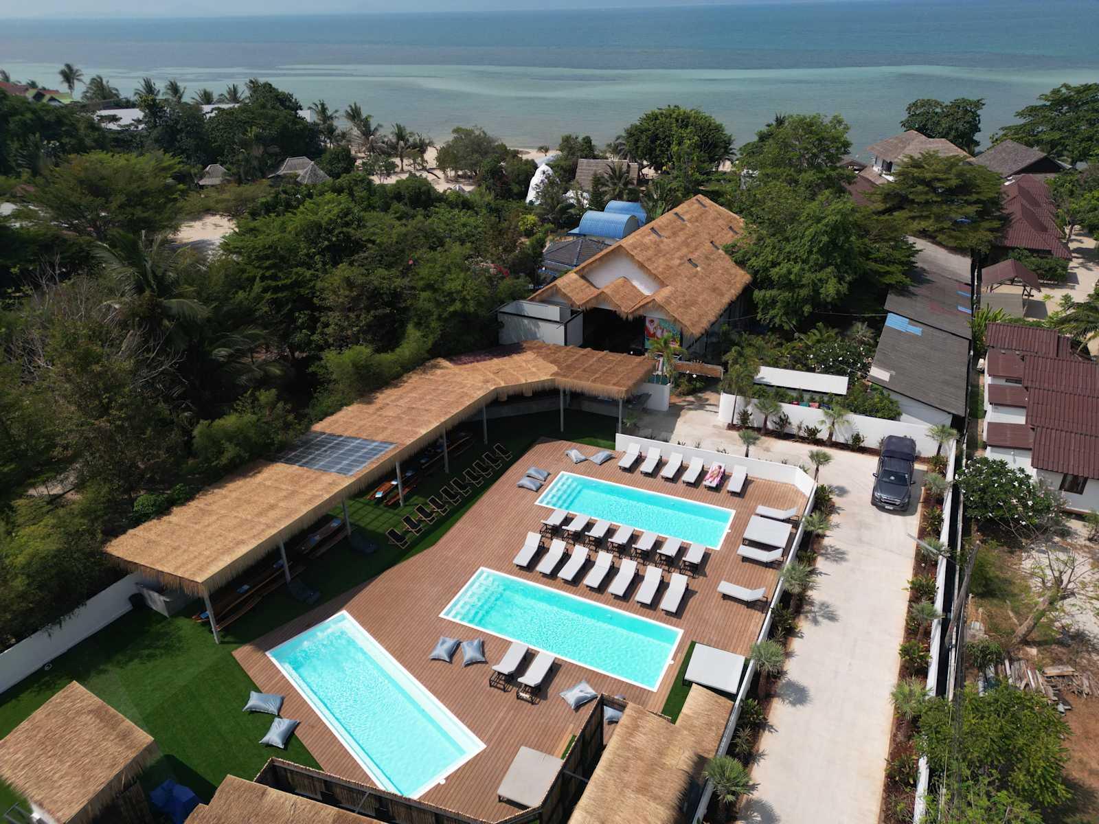 Aerial view with three pools